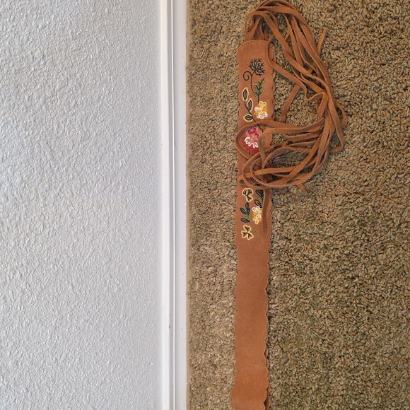 Embroidered Tan Belt with Fringe 37.5" Long - Picture 4 of 6